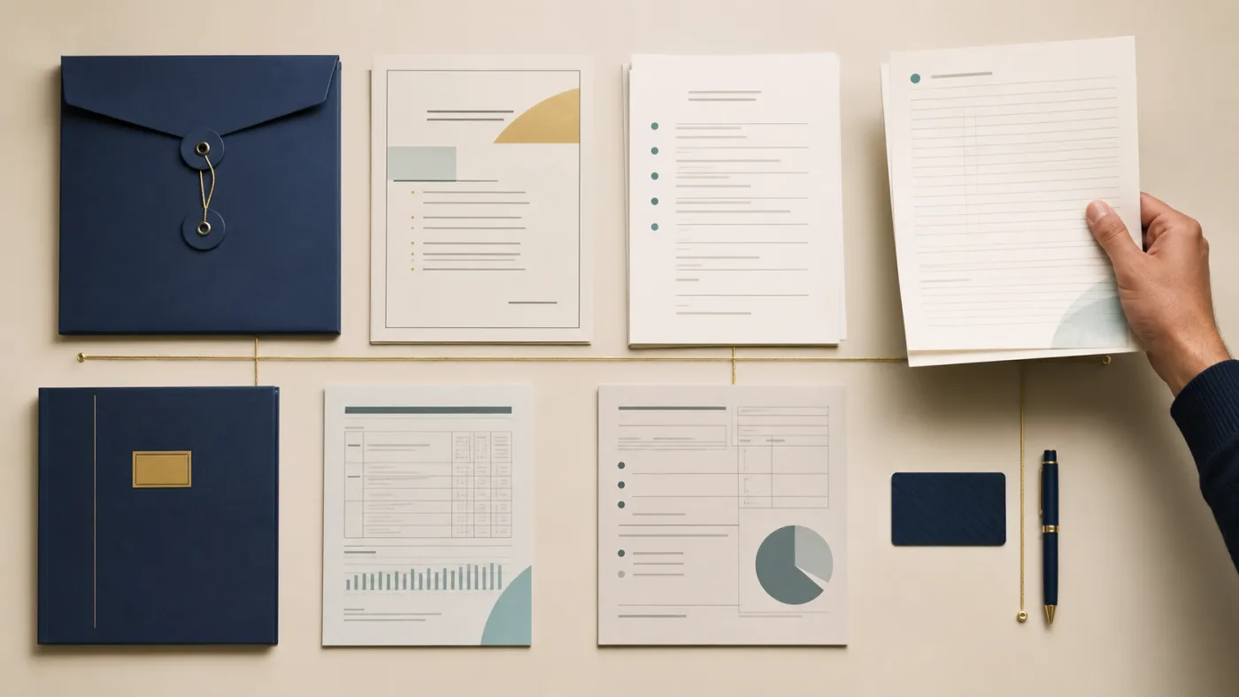 Organised unlisted-share document pack arranged on a cream desk
