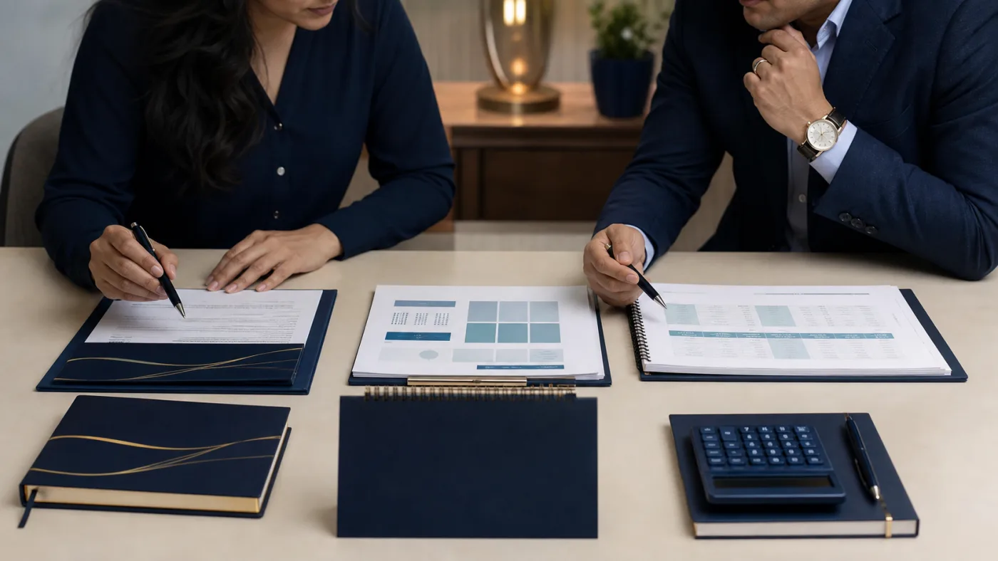 Indian employee and adviser reviewing restriction, demat and tax document groups