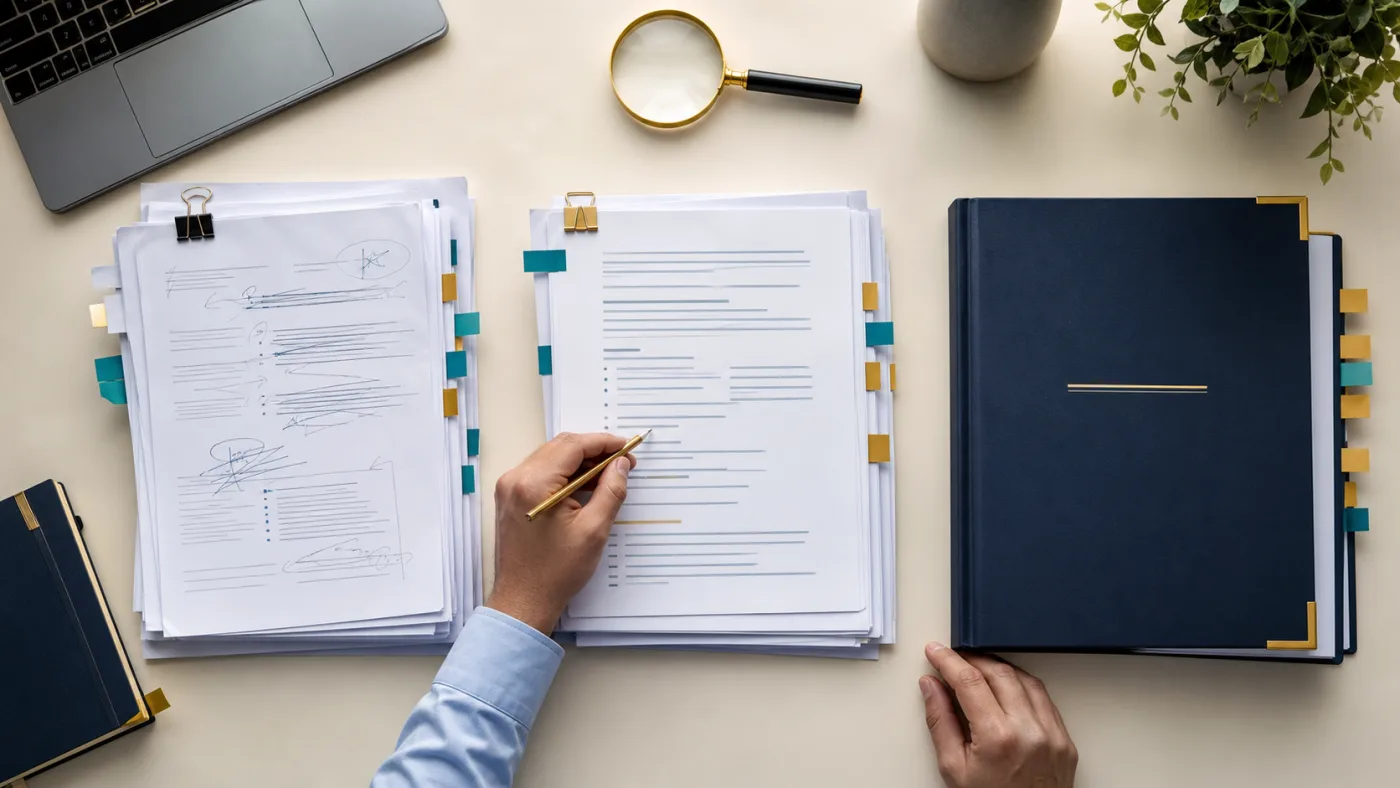 Three progressively organised offer-document packs on a cream research desk