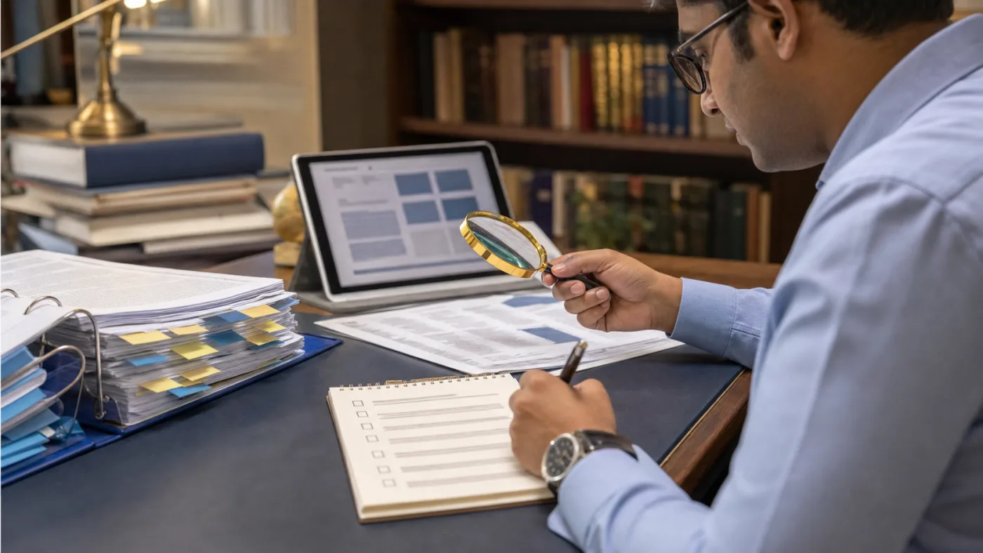 Indian analyst checking a prospectus binder and research checklist